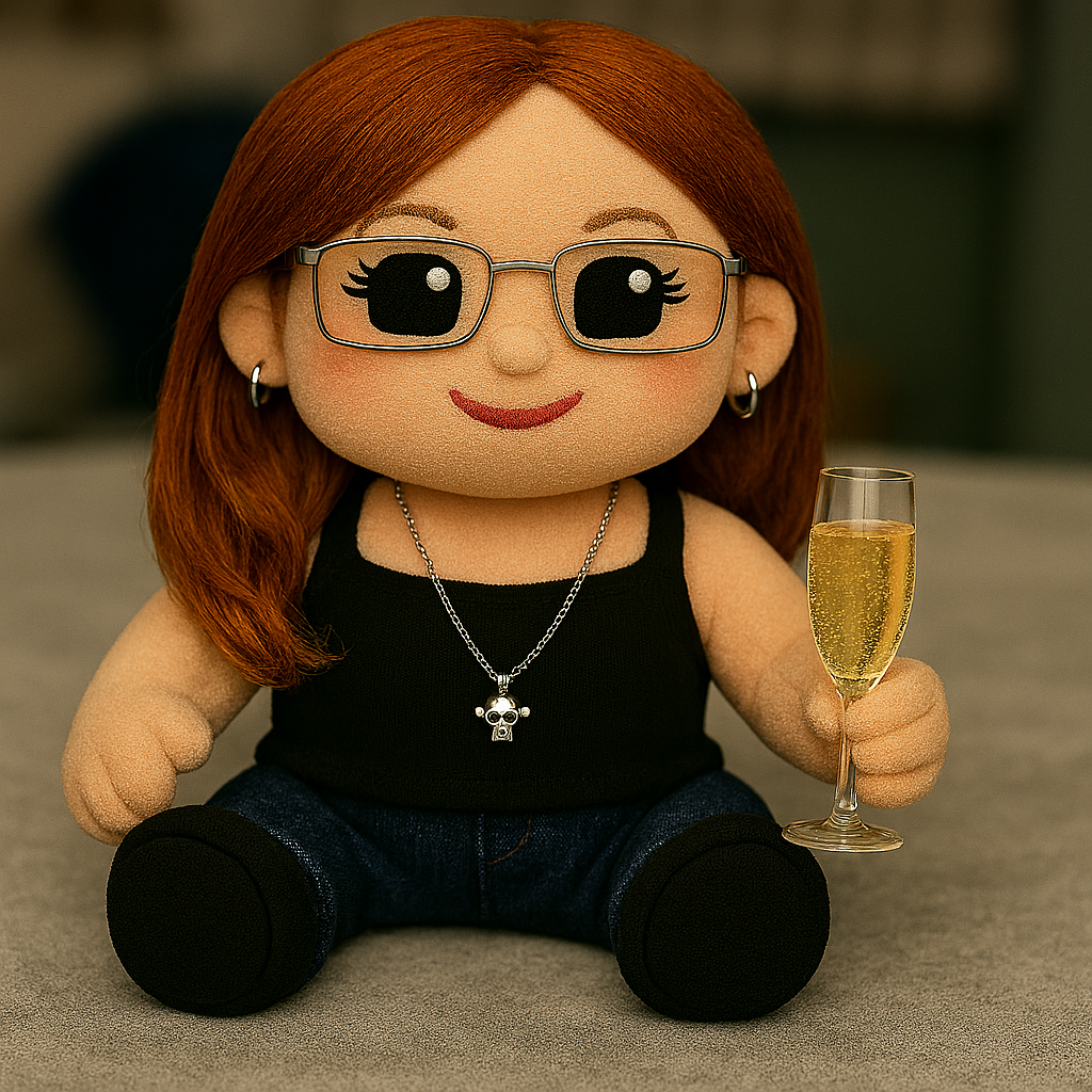 Charlotte plushie with prosecco glass