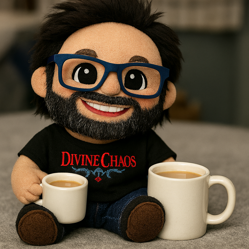Paul plushie with mug of tea